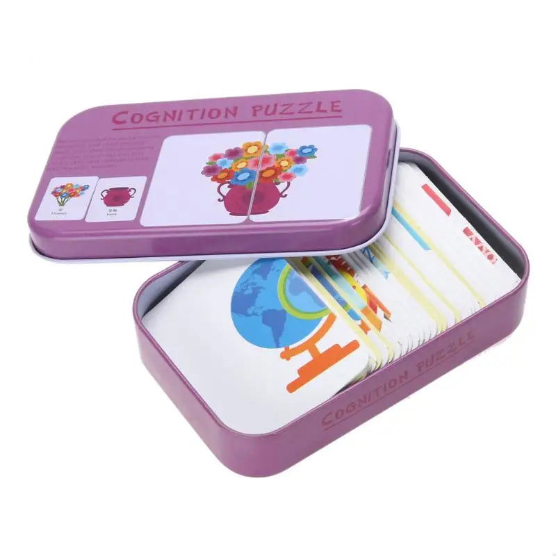 Baby Cognition Puzzle Toys Toddler Kids Iron Box Cards Matching Game Cognitive Card Car Fruit Animal Life Puzzle - Slobuy