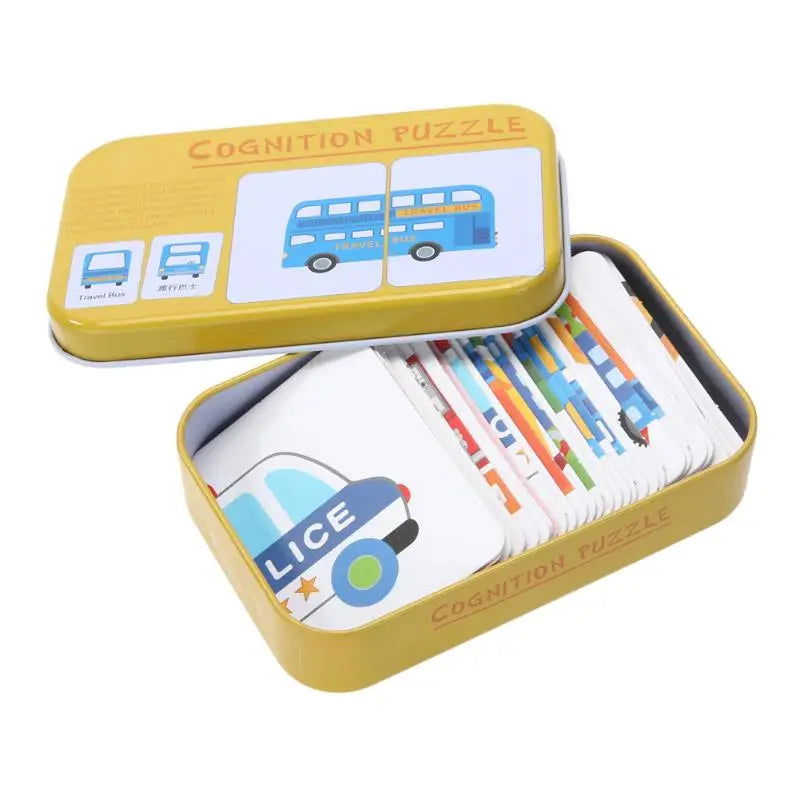 Baby Cognition Puzzle Toys Toddler Kids Iron Box Cards Matching Game Cognitive Card Car Fruit Animal Life Puzzle - Slobuy