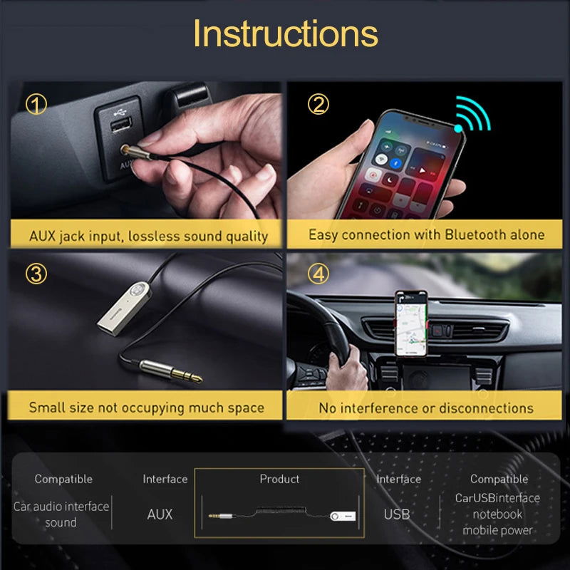 Baseus AUX Bluetooth Adapter Car 3.5mm Jack Dongle Cable Handfree Car Kit Audio Transmitter Auto Bluetooth 5.0 Receiver - Slobuy
