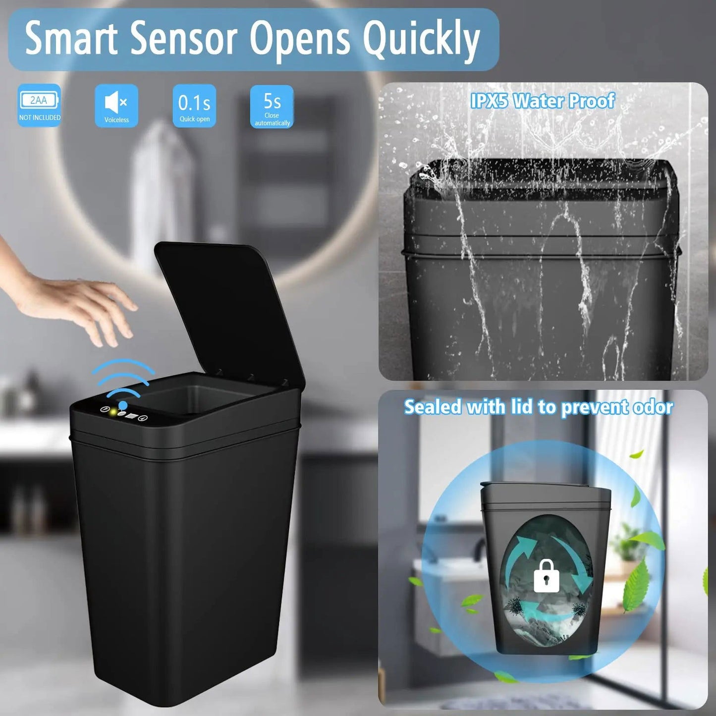 Bathroom Trash Can with Lid Touchless Automatic Garbage Can Slim Motion Sensor Smart Trash Bin for Bedroom,Office,Living Room - Slobuy