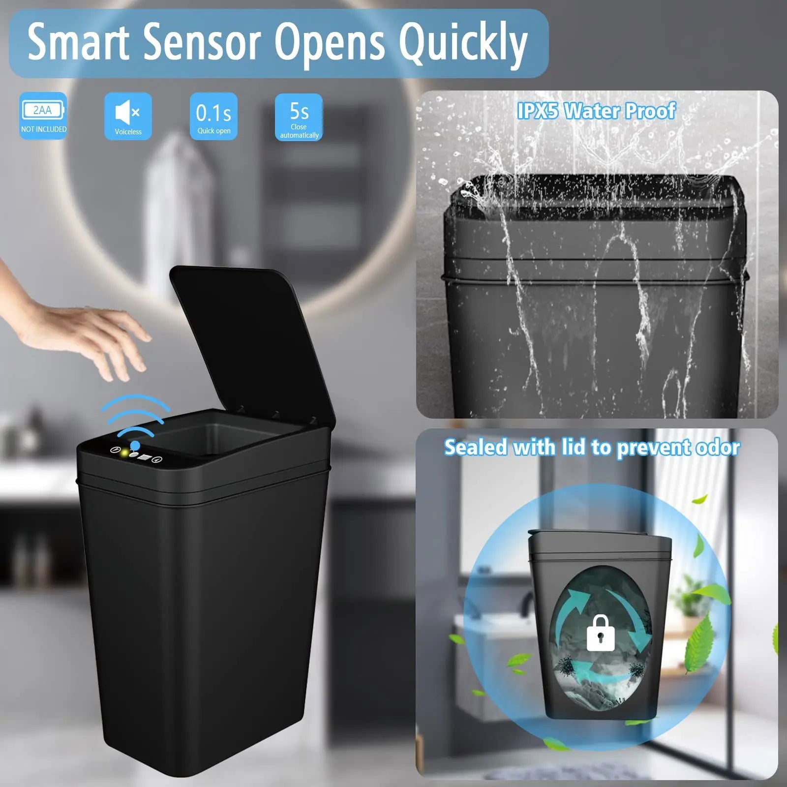 Bathroom Trash Can with Lid Touchless Automatic Garbage Can Slim Motion Sensor Smart Trash Bin for Bedroom,Office,Living Room - Slobuy