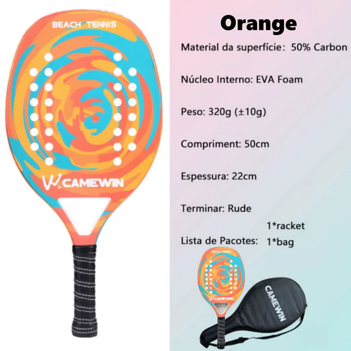 Beach Tennis Racket Camewin Padel Paddle 50% Carbon Fiber EVA Core Tennis Racket Lightweight With Protective Bag Cover Soft Face - Slobuy