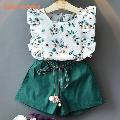 Bear Leader Kids Girl Clothes 2022 Fashion Sling Flower Bow Baby Girls Shirt + Stripe Shorts 2pcs Suit Children Clothing Sets - Slobuy