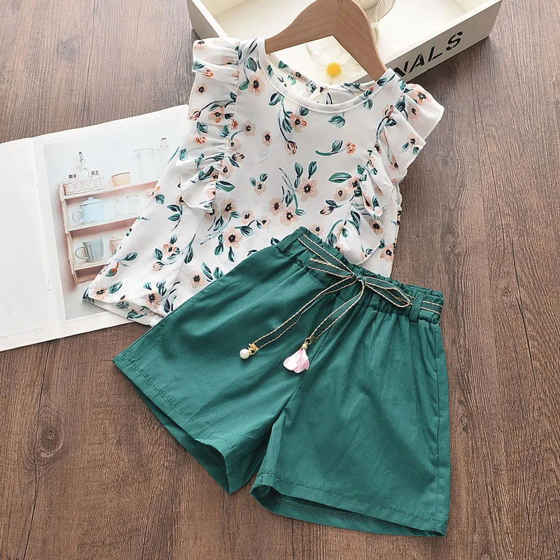 Bear Leader Kids Girl Clothes 2022 Fashion Sling Flower Bow Baby Girls Shirt + Stripe Shorts 2pcs Suit Children Clothing Sets - Slobuy