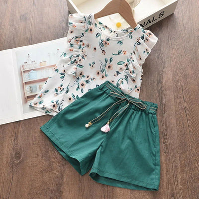 Bear Leader Kids Girl Clothes 2022 Fashion Sling Flower Bow Baby Girls Shirt + Stripe Shorts 2pcs Suit Children Clothing Sets - Slobuy