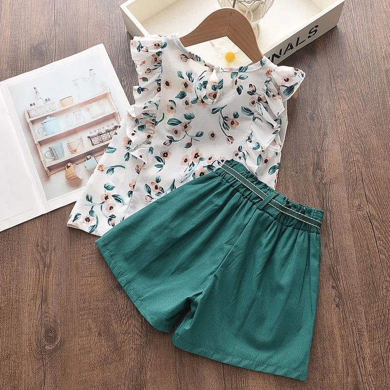 Bear Leader Kids Girl Clothes 2022 Fashion Sling Flower Bow Baby Girls Shirt + Stripe Shorts 2pcs Suit Children Clothing Sets - Slobuy