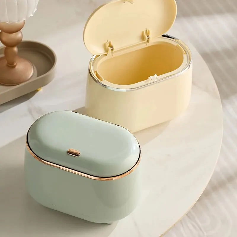 Beishan Mini Desktop Trash Can With Lid, Light Luxury Plastic Press Type Trash Can For Bathroom, Office, Bedroom, Living Room - Slobuy
