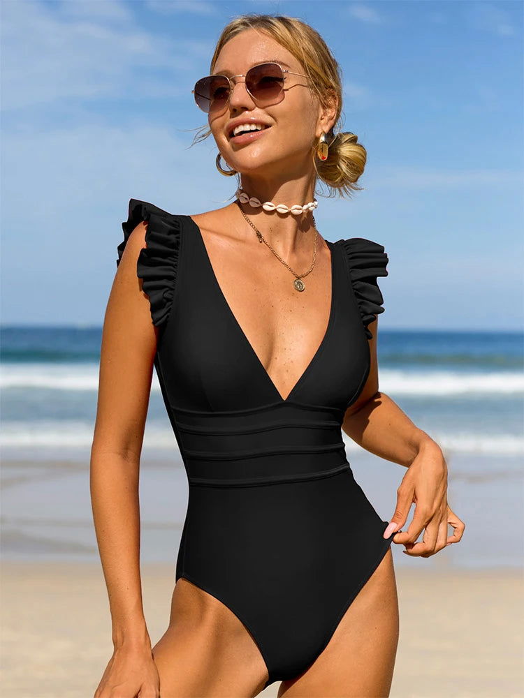 BikinX Solid One Piece Swimsuit Women Red Swimwear Sexy Deep V Neck Swimming Suit Backless High Leg Bathing Suit for Women - Slobuy