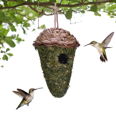 Bird House Hummingbird Hanging Bird Hut Green Nest Moss Roosting Woven Birdhouse Bird Cage for Outdoor Courtyard Patio Decor - Slobuy