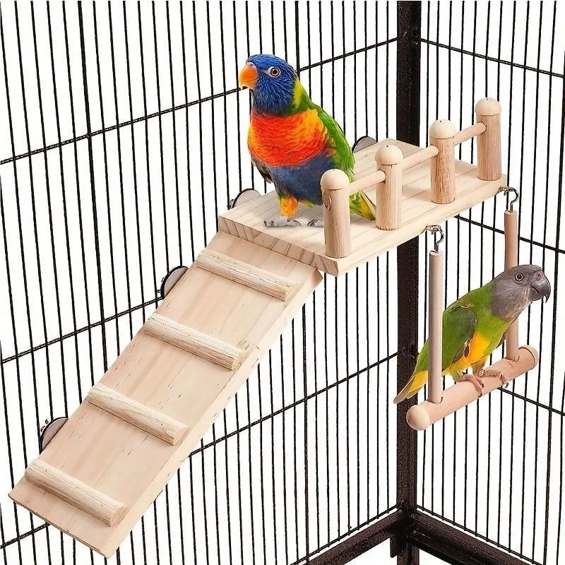 Bird Perches Platform Swing Climbing Ladder Parrot Cage Accessories Wooden Playing Gyms Exercise Stands Parrot Cage Toys Sets - Slobuy