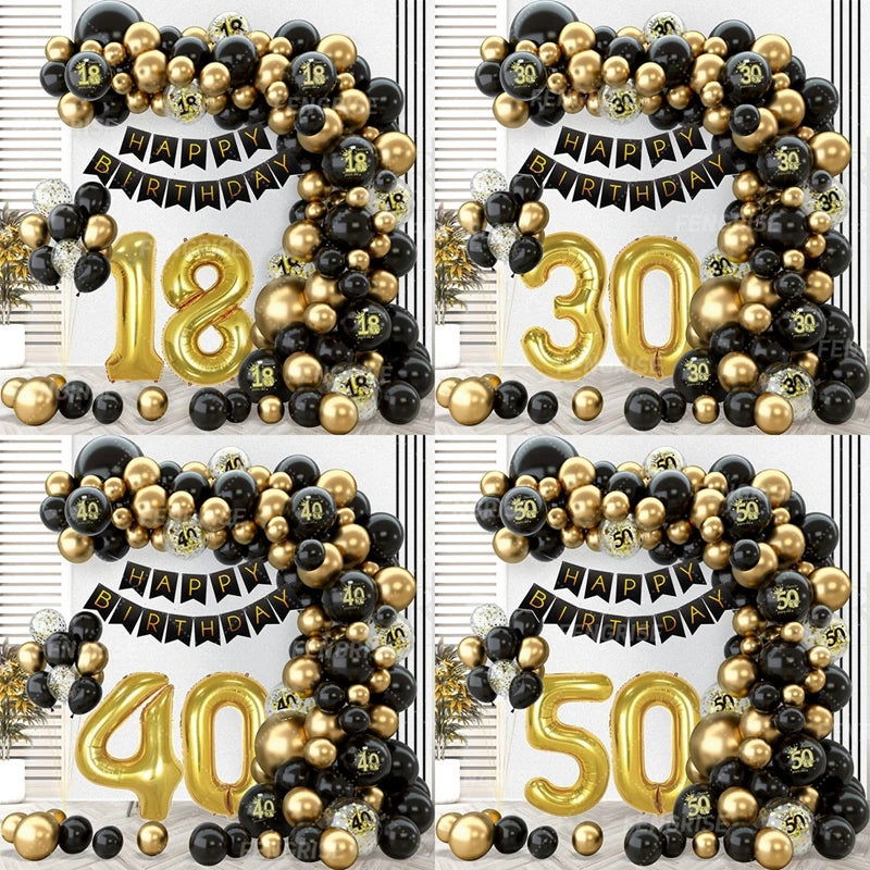 Black Gold Balloon Garland Arch Kit Confetti Latex Balloon Happy 18 30 40 50 Year Old Birthday Party Decor Adults Anniversary - Slobuy
