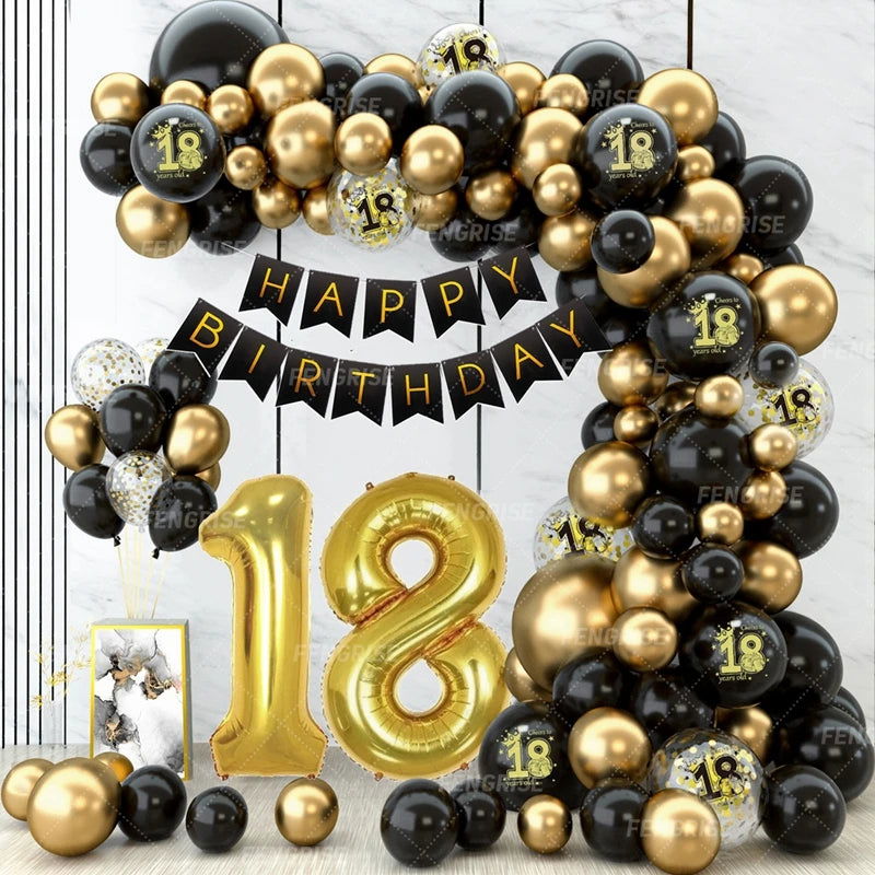 Black Gold Balloon Garland Arch Kit Confetti Latex Balloon Happy 18 30 40 50 Year Old Birthday Party Decor Adults Anniversary - Slobuy