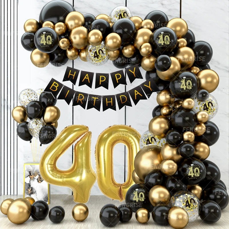 Black Gold Balloon Garland Arch Kit Confetti Latex Balloon Happy 18 30 40 50 Year Old Birthday Party Decor Adults Anniversary - Slobuy