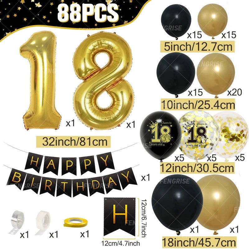 Black Gold Balloon Garland Arch Kit Confetti Latex Balloon Happy 18 30 40 50 Year Old Birthday Party Decor Adults Anniversary - Slobuy
