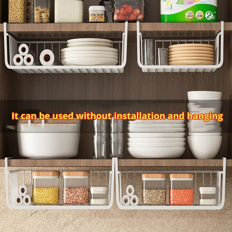1pc White/Black Hanging Net Basket Iron Material Large Capacity Hanging Under Cabinet Wall Wardrobe Storage Basket Kitchen Tools - Slobuy