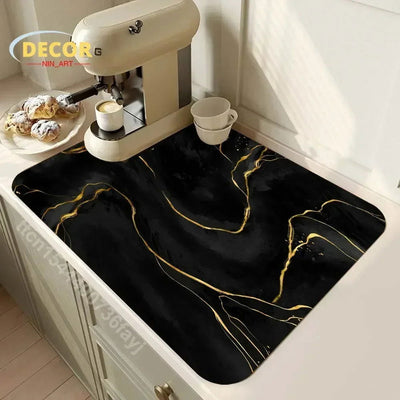 Black Marbling Super Absorbent Tableware Dish Drying Mat Kitchen Bottle Anti-slip Rug Luxury Kettle Dinnerware Bar Counter Tool - Slobuy