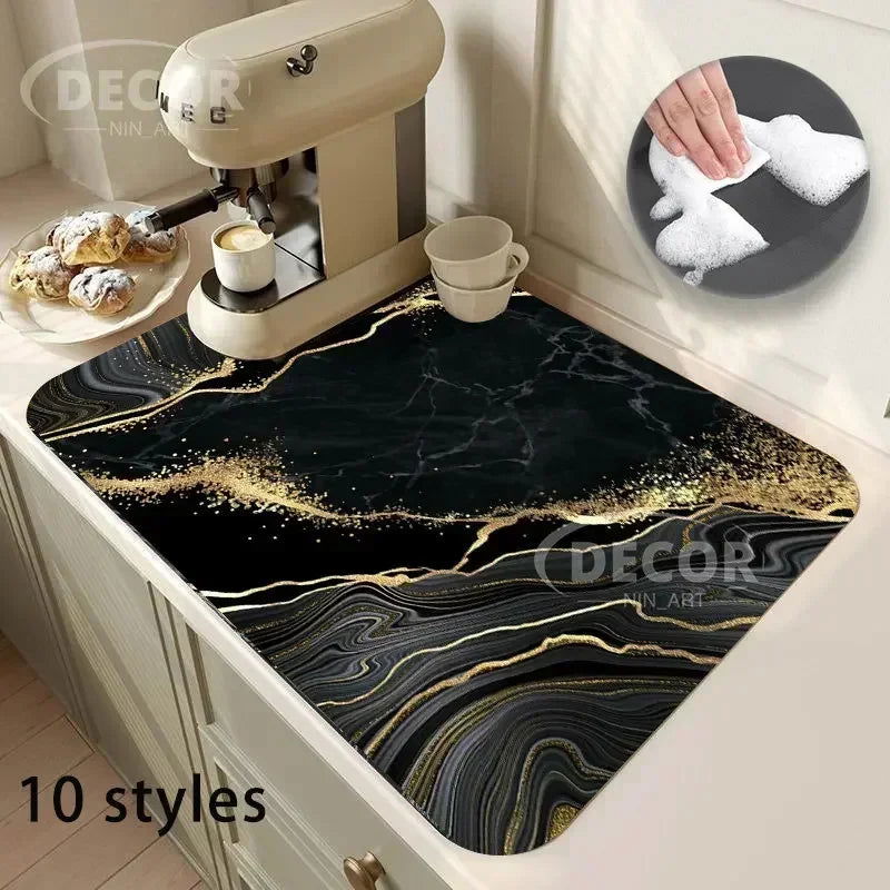 Black Marbling Super Absorbent Tableware Dish Drying Mat Kitchen Bottle Anti-slip Rug Luxury Kettle Dinnerware Bar Counter Tool - Slobuy