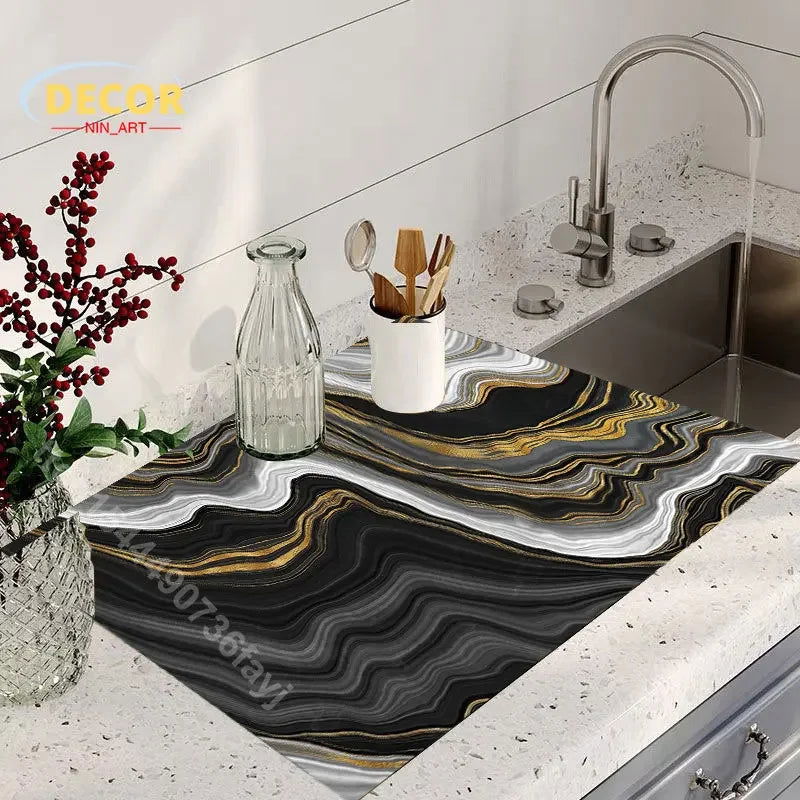 Black Marbling Super Absorbent Tableware Dish Drying Mat Kitchen Bottle Anti-slip Rug Luxury Kettle Dinnerware Bar Counter Tool - Slobuy