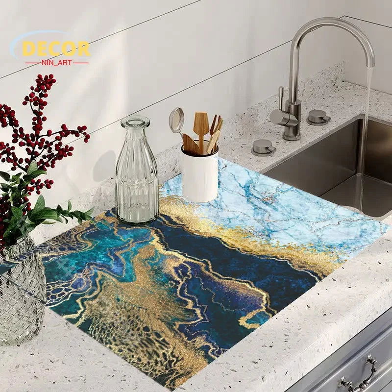 Black Marbling Super Absorbent Tableware Dish Drying Mat Kitchen Bottle Anti-slip Rug Luxury Kettle Dinnerware Bar Counter Tool - Slobuy