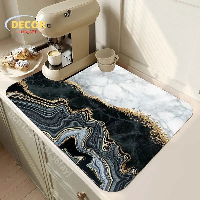 Black Marbling Super Absorbent Tableware Dish Drying Mat Kitchen Bottle Anti-slip Rug Luxury Kettle Dinnerware Bar Counter Tool - Slobuy