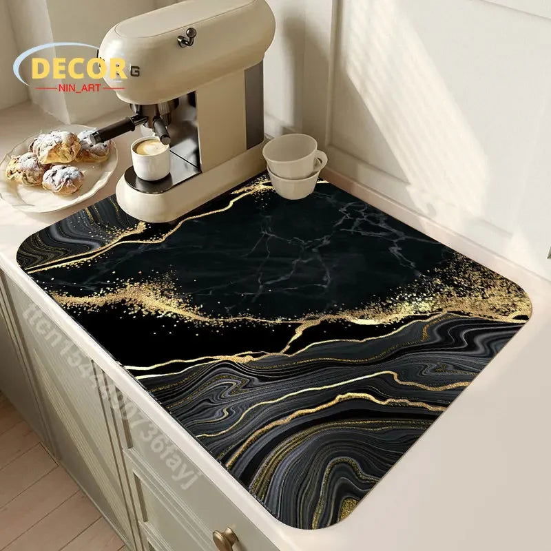 Black Marbling Super Absorbent Tableware Dish Drying Mat Kitchen Bottle Anti-slip Rug Luxury Kettle Dinnerware Bar Counter Tool - Slobuy