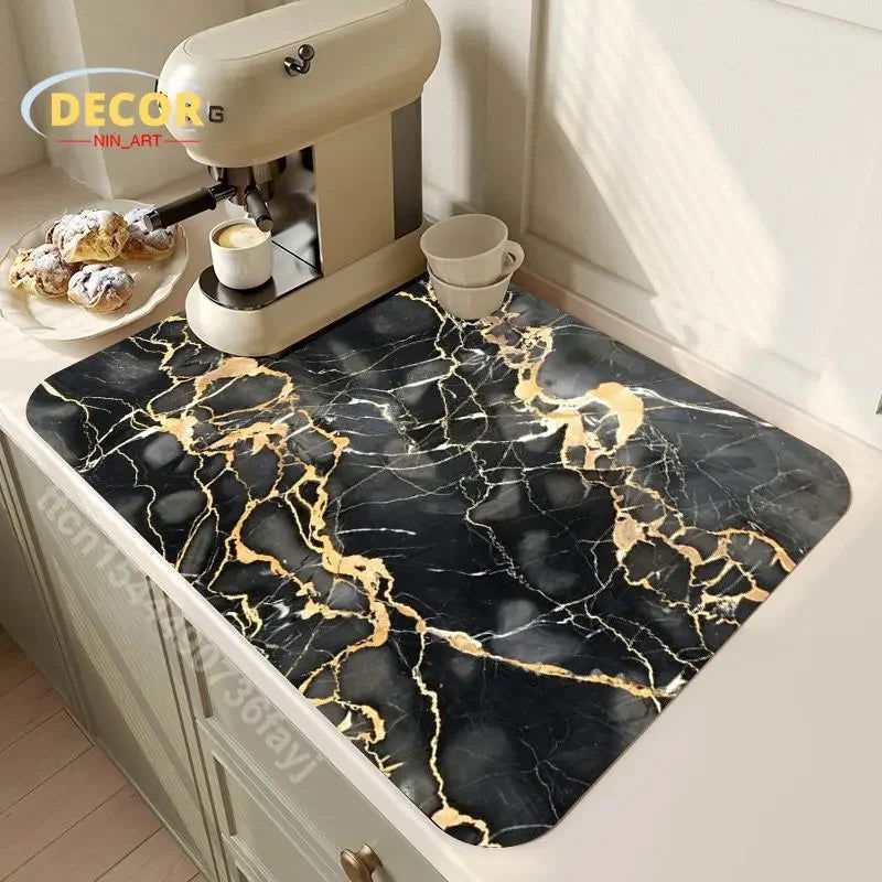 Black Marbling Super Absorbent Tableware Dish Drying Mat Kitchen Bottle Anti-slip Rug Luxury Kettle Dinnerware Bar Counter Tool - Slobuy