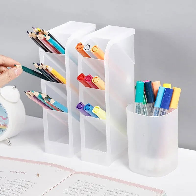 1pc White/Black Transparent Multifunctional Large Capacity Desktop Stationery Pencil Storage Box - Slobuy
