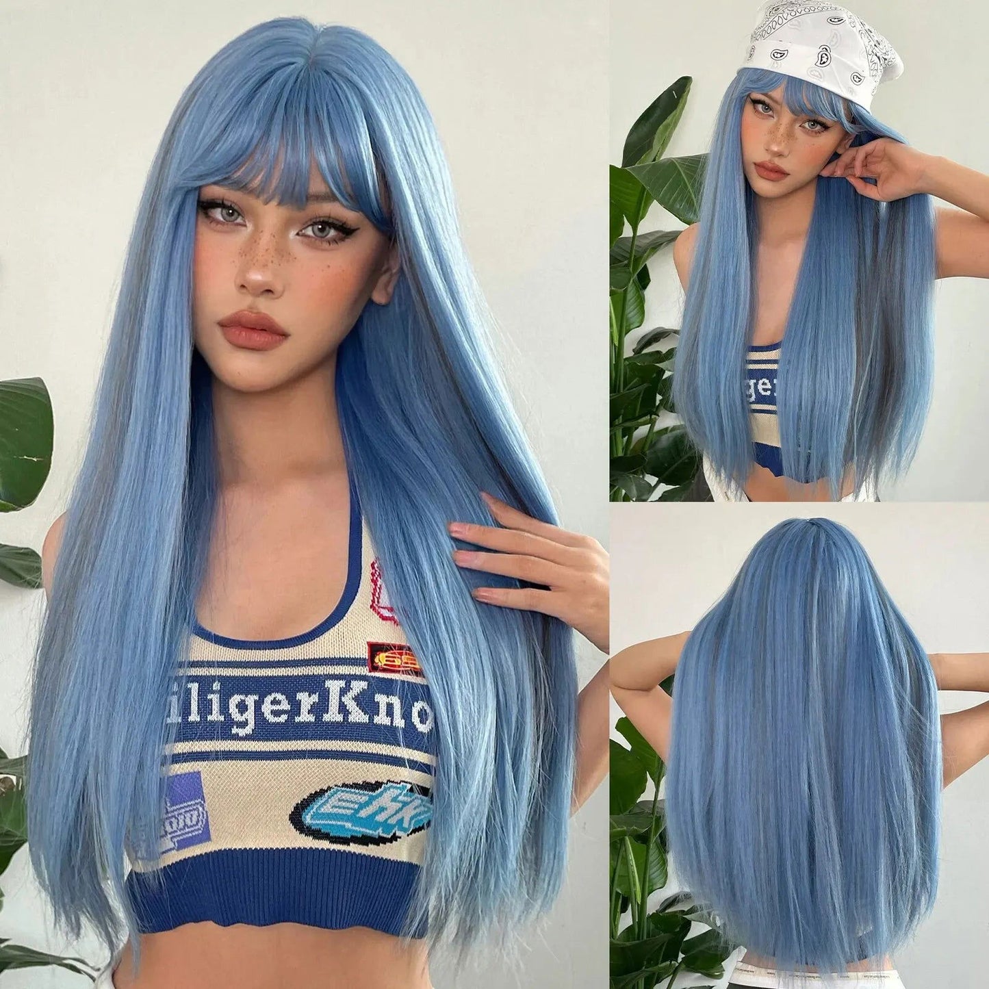 Blue with Grey Highlight Long Straight Synthetic Wigs with Bangs Cosplay Hairs Wig for Women Daily Natural Heat Resistant - Slobuy