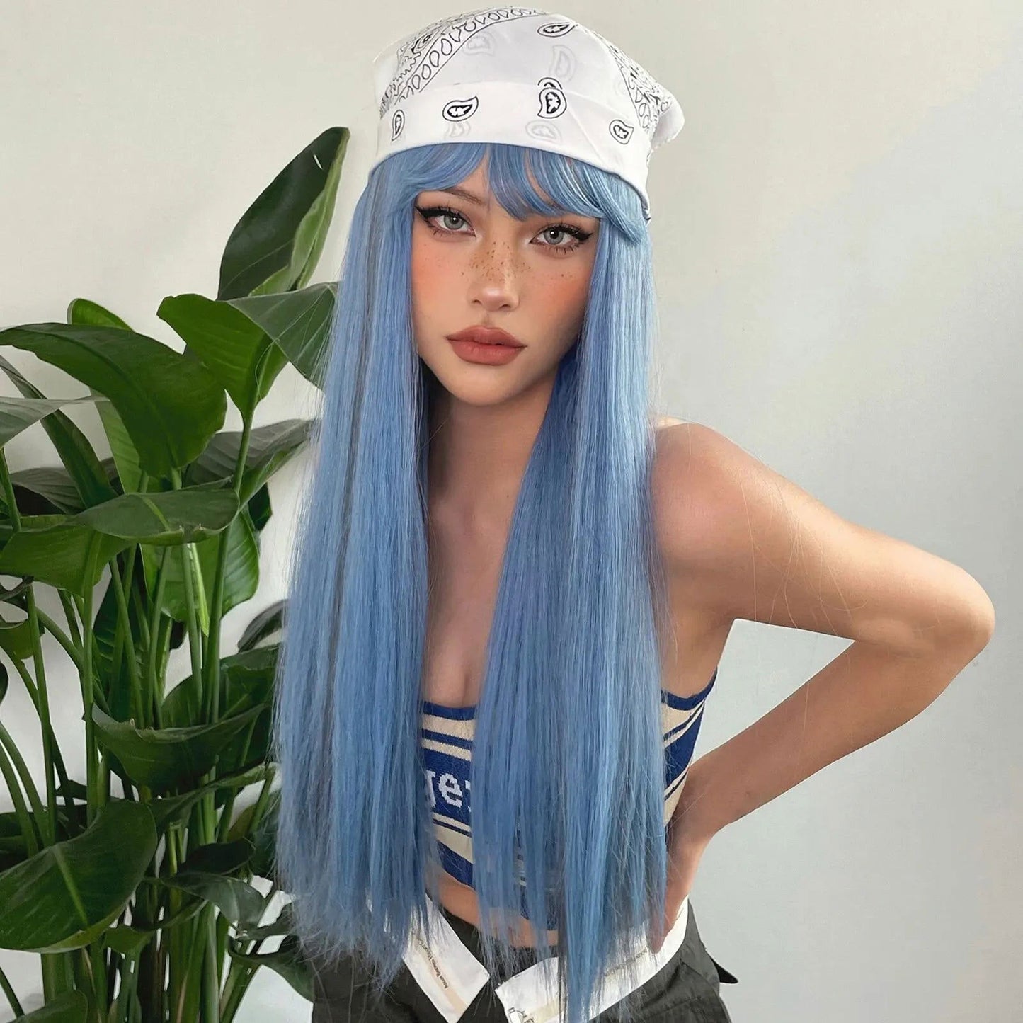 Blue with Grey Highlight Long Straight Synthetic Wigs with Bangs Cosplay Hairs Wig for Women Daily Natural Heat Resistant - Slobuy