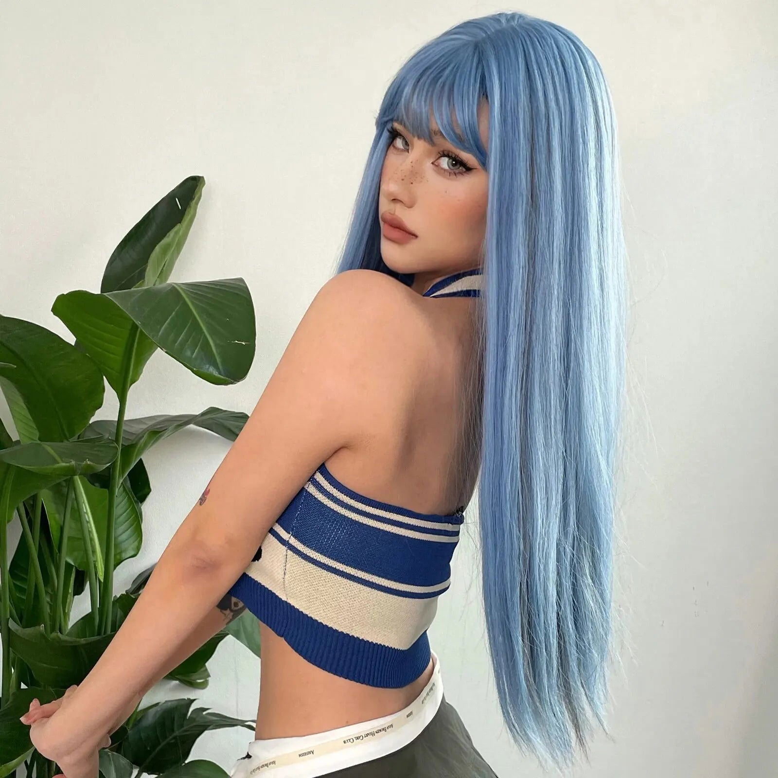 Blue with Grey Highlight Long Straight Synthetic Wigs with Bangs Cosplay Hairs Wig for Women Daily Natural Heat Resistant - Slobuy