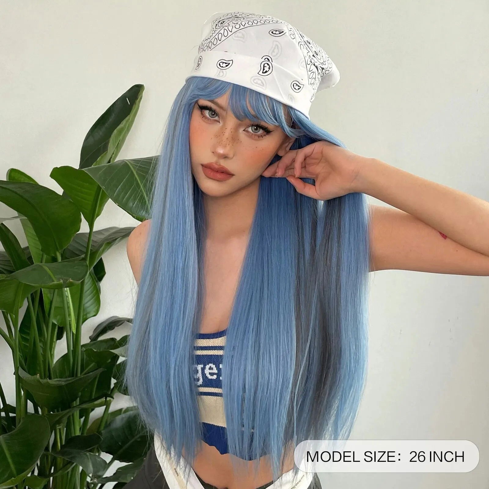 Blue with Grey Highlight Long Straight Synthetic Wigs with Bangs Cosplay Hairs Wig for Women Daily Natural Heat Resistant - Slobuy