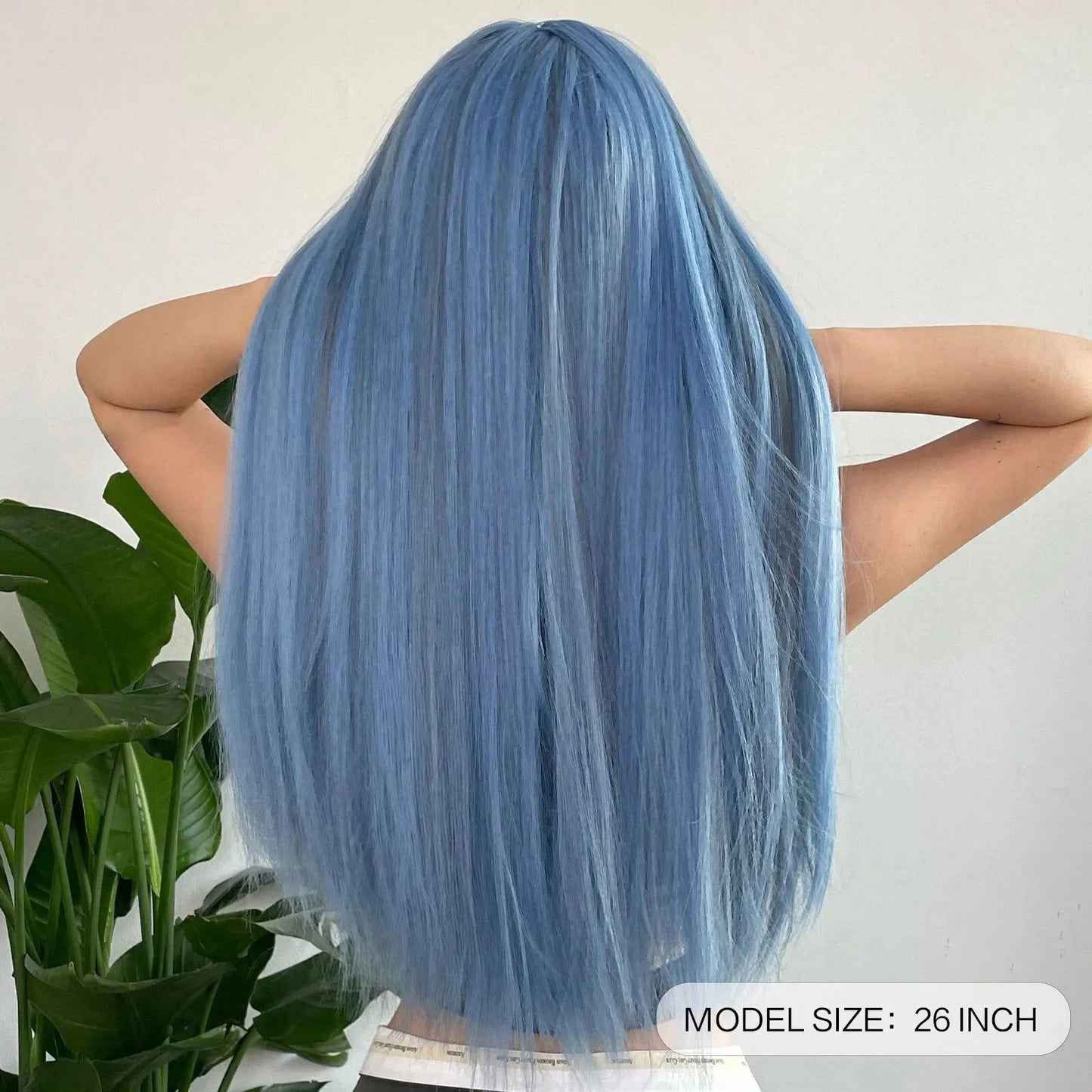 Blue with Grey Highlight Long Straight Synthetic Wigs with Bangs Cosplay Hairs Wig for Women Daily Natural Heat Resistant - Slobuy