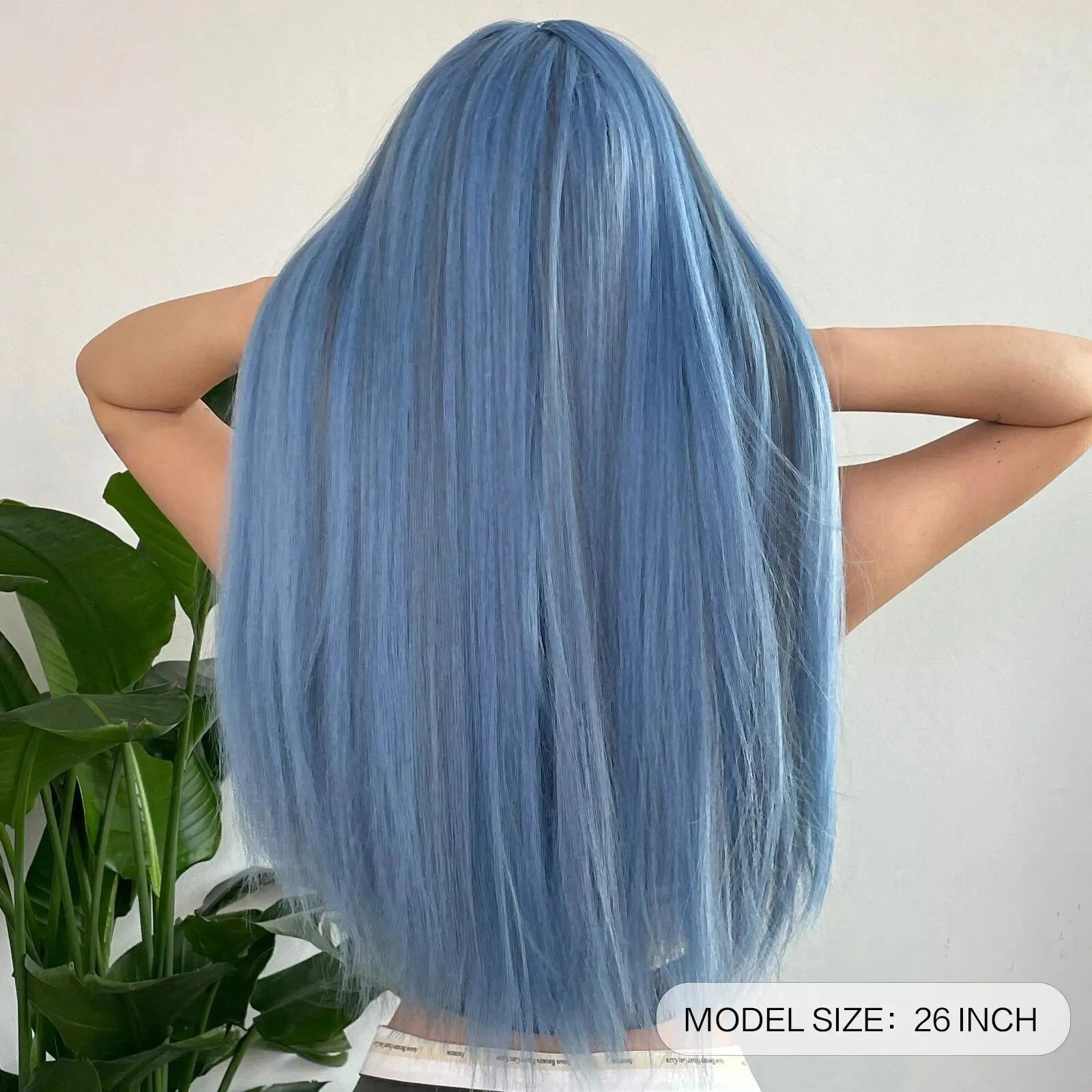 Blue with Grey Highlight Long Straight Synthetic Wigs with Bangs Cosplay Hairs Wig for Women Daily Natural Heat Resistant - Slobuy