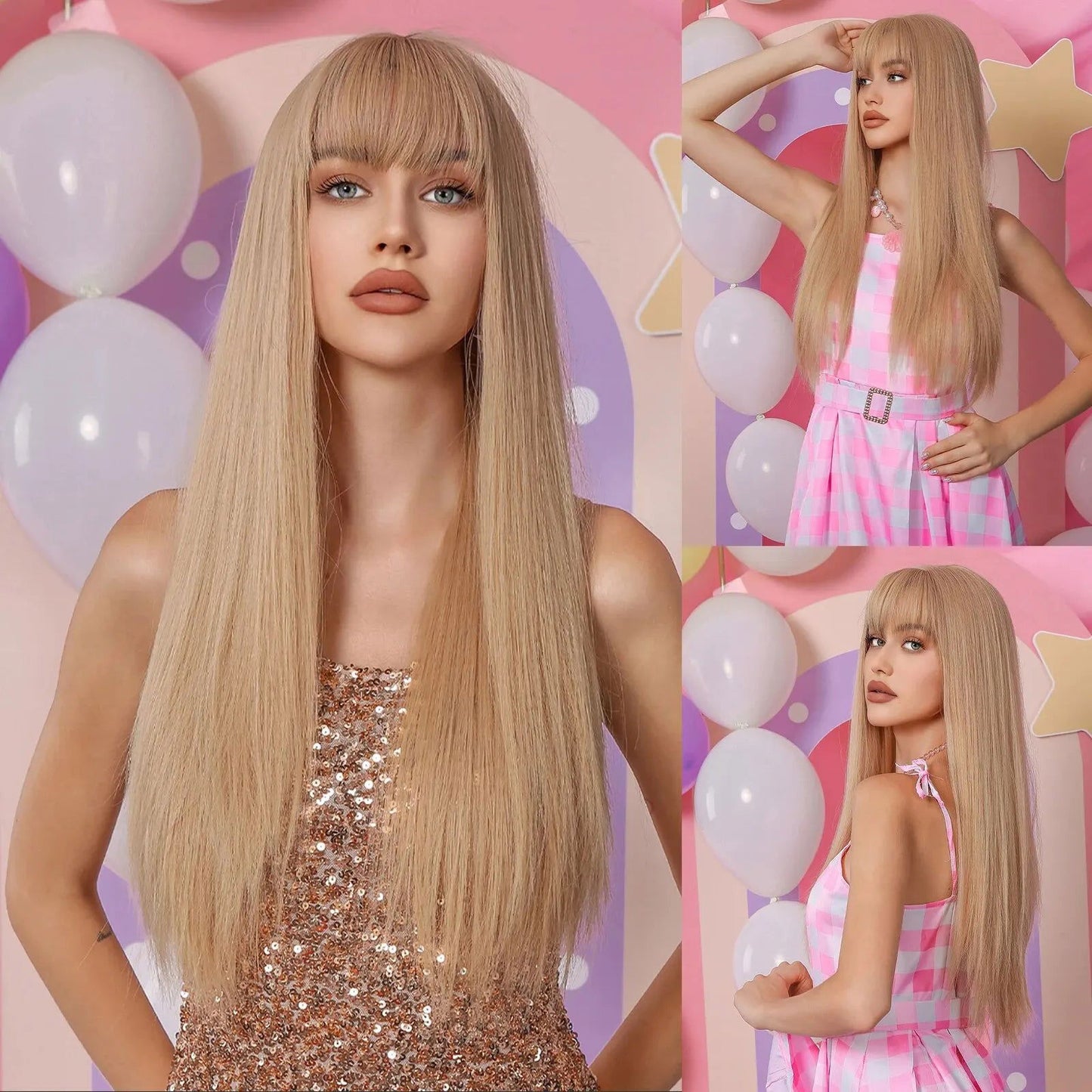 Blue with Grey Highlight Long Straight Synthetic Wigs with Bangs Cosplay Hairs Wig for Women Daily Natural Heat Resistant - Slobuy