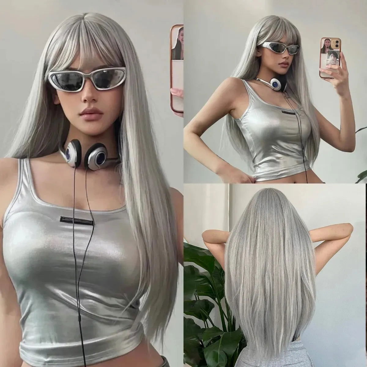Blue with Grey Highlight Long Straight Synthetic Wigs with Bangs Cosplay Hairs Wig for Women Daily Natural Heat Resistant - Slobuy