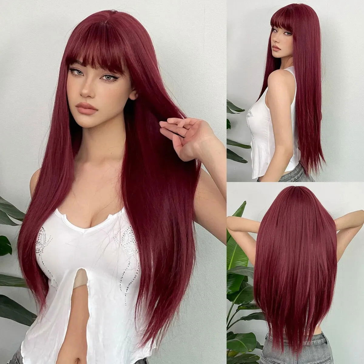 Blue with Grey Highlight Long Straight Synthetic Wigs with Bangs Cosplay Hairs Wig for Women Daily Natural Heat Resistant - Slobuy