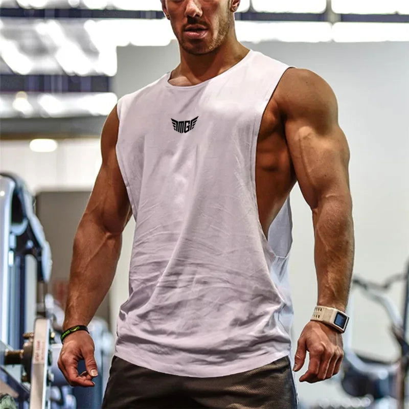 Bodybuilding Tank Tops Men Sports Sleeveless shirt Muscle guys Vest Fitness Drop Armhole Solid Tops Tees Cotton Gym Singlets - Slobuy