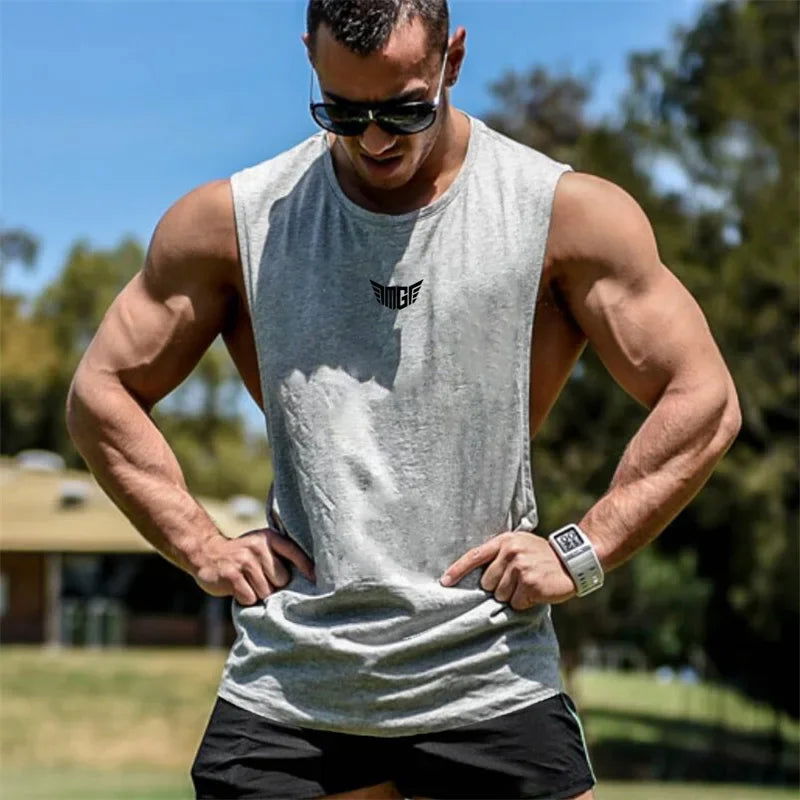 Bodybuilding Tank Tops Men Sports Sleeveless shirt Muscle guys Vest Fitness Drop Armhole Solid Tops Tees Cotton Gym Singlets - Slobuy