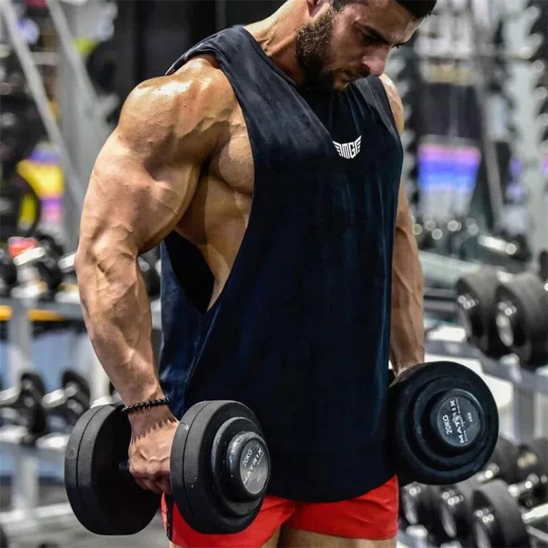 Bodybuilding Tank Tops Men Sports Sleeveless shirt Muscle guys Vest Fitness Drop Armhole Solid Tops Tees Cotton Gym Singlets - Slobuy
