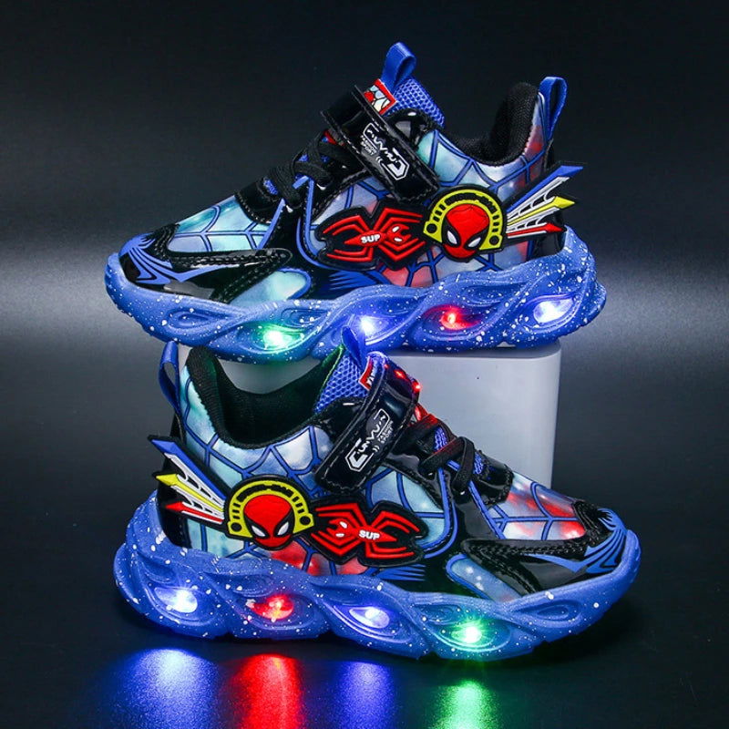 Boys Spiderman Sneakers Disney LED Children's Sport Shoes Student Shoes Fashion Anti-slip Kids Outdoor Shoes Pu Leather Shoes - Slobuy