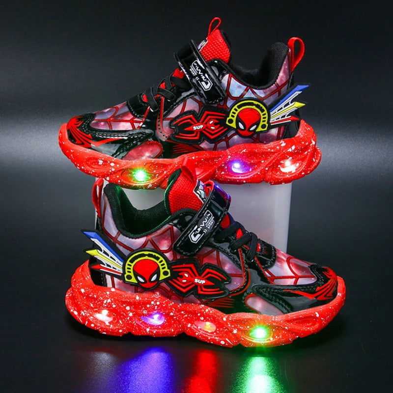 Boys Spiderman Sneakers Disney LED Children's Sport Shoes Student Shoes Fashion Anti-slip Kids Outdoor Shoes Pu Leather Shoes - Slobuy