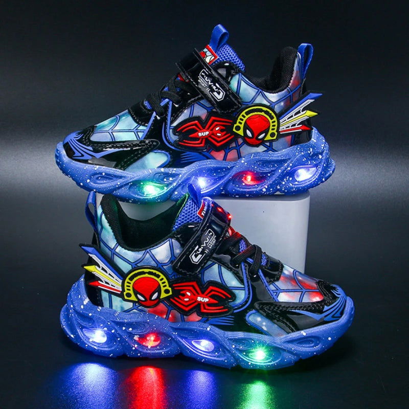 Boys Spiderman Sneakers Disney LED Children's Sport Shoes Student Shoes Fashion Anti-slip Kids Outdoor Shoes Pu Leather Shoes - Slobuy