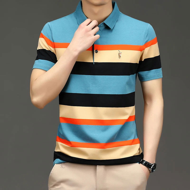 Brand Embroidery Men's Polo Shirts Golf Shirt 2024 Summer Striped Button Clothing Business Male Streetwear Short Sleeved T-shirt - Slobuy