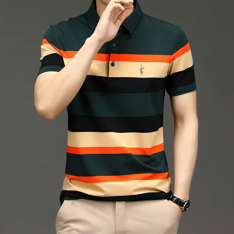 Brand Embroidery Men's Polo Shirts Golf Shirt 2024 Summer Striped Button Clothing Business Male Streetwear Short Sleeved T-shirt - Slobuy