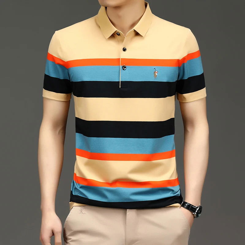 Brand Embroidery Men's Polo Shirts Golf Shirt 2024 Summer Striped Button Clothing Business Male Streetwear Short Sleeved T-shirt - Slobuy