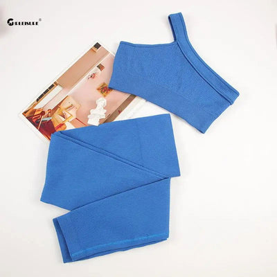 CHRLEISURE Seamless Sports Set Women Fitness Outfit Rib Yoga Suit Running Bra without Pad with Workout Leggings Gym Sportswear - Slobuy
