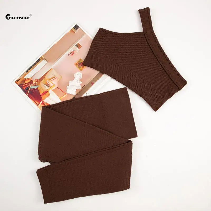 CHRLEISURE Seamless Sports Set Women Fitness Outfit Rib Yoga Suit Running Bra without Pad with Workout Leggings Gym Sportswear - Slobuy