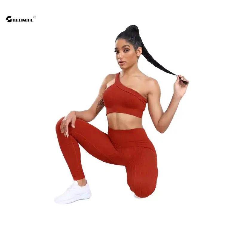 CHRLEISURE Seamless Sports Set Women Fitness Outfit Rib Yoga Suit Running Bra without Pad with Workout Leggings Gym Sportswear - Slobuy