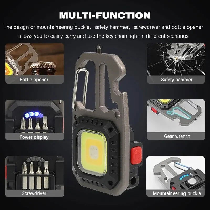 COB Keychain Work Light with Battery Display 8Mode Rechargeable High Lumens Portable LED Light for Camping Hiking Running - Slobuy