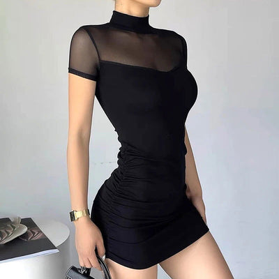 CUTENOVA Goth Dark Mock Neck Y2k Bodycon Mini Dresses Gothic Women Mesh Patchwork Sheer Party Dress - Slobuy
